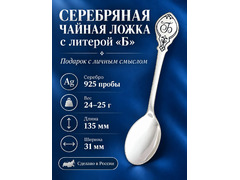 Серебряная именная чайная ложка с буквой "Б", серебро 925 пробы, в подарочной коробке
